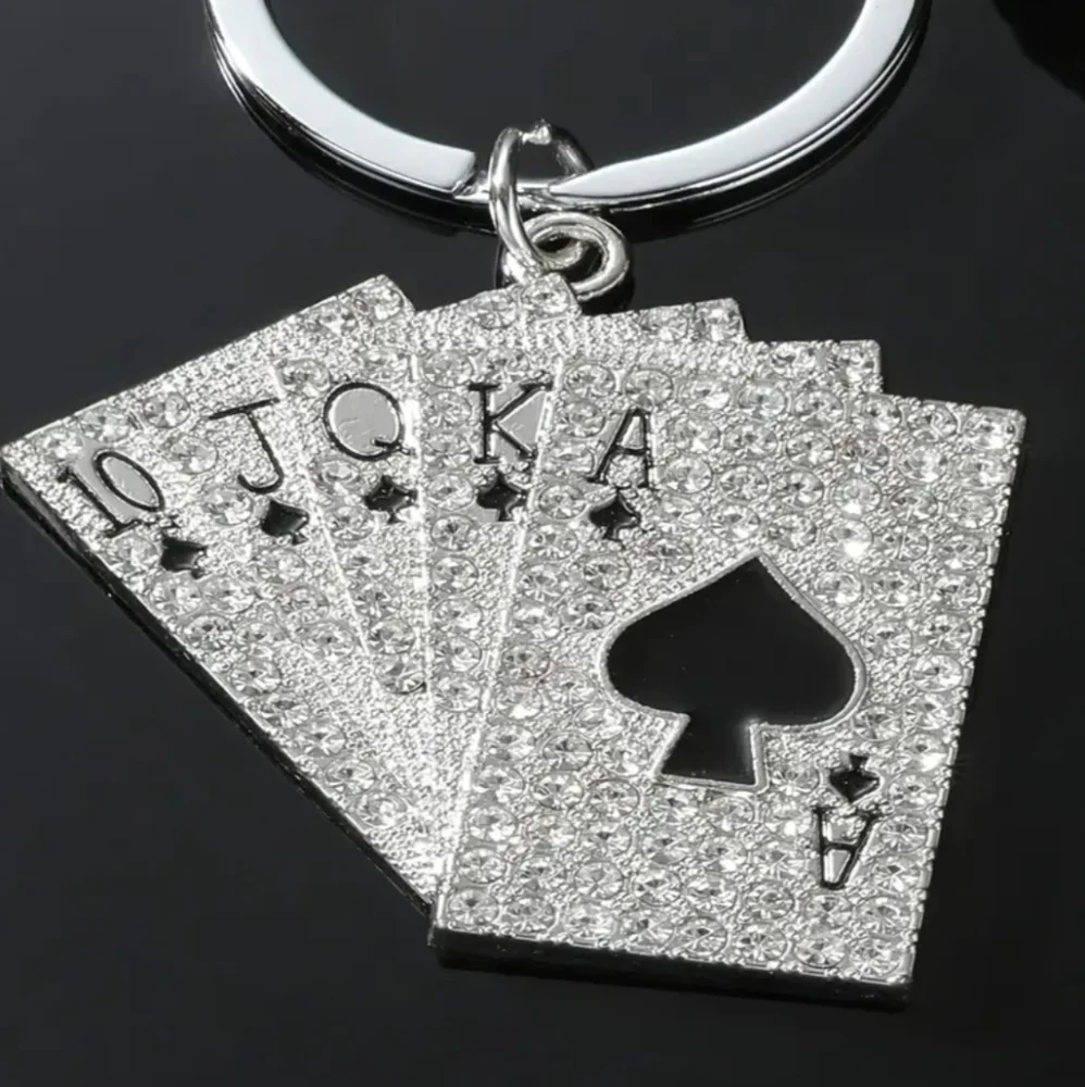 Sparkling Silver Rhinestones Playing Cards Keychain Spades Poker Key Ring Holder